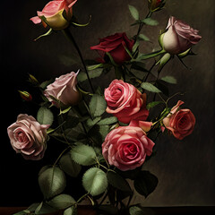 Wall Mural - Beautiful roses bouquet, chiaroscuro still life made with generative AI