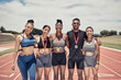 © L Ismail/peopleimages.com - Portrait, diversity and team for sports winner, for competition and group smile together outdoor. Teamwork, fitness training and medals for games, success and victory for embrace, happy and on track.