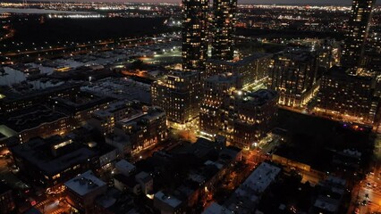 Sticker - Aerial video of night new york city with skyscrapers and other buildings lit by lanterns