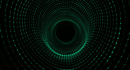 Wall Mural - Abstract dynamic wireframe tunnel on green background. Deep wave wormhole. Futuristic particle flow. Vector illustration.