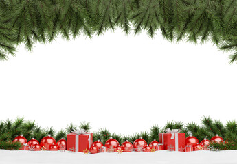 isolated glossy christmas decoration lined up on white. 3d rendering red shiny baubles ornaments. gi