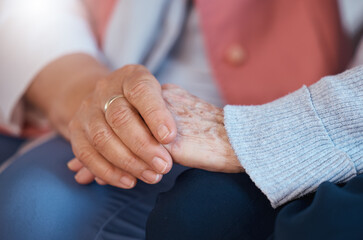 Elderly woman, holding hands and close up of support, care and trust relationship bonding together. Love, friends relax and gratitude for senior friendship, kindness and solidarity in nursing home