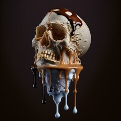 Wall Mural - melting human skull with colorful ice cream on the top, dark background, generative ai