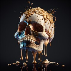 Wall Mural - melting human skull with colorful ice cream on the top, dark background, generative ai