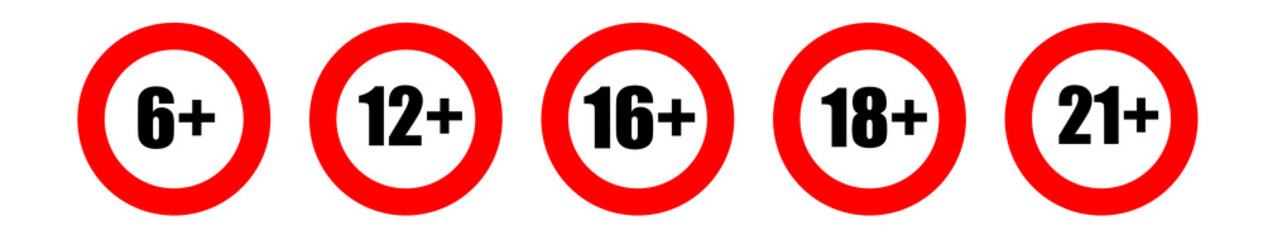 A set of age restriction signs. Marks the age limit. Round red signs limit the age content. The age limit is from six to twenty-one years.