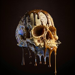 Wall Mural - melting human skull with colorful brown chocolate on the top, dark background, generative ai