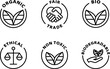 organic, fair trade bio, ethical, non toxic, biodegradable icon set, icons. Isolated vector black outline stamp label rounded badge product tag on transparent background. Symbol.
