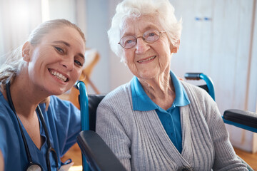 Nurse, portrait smile and medical for elderly care, retirement home or visit from doctor for appointment or checkup. Happy senior woman smiling with healthcare professional for therapy exam at clinic