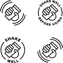 shake well before using icons, icon set. Isolated vector black outline stamp label rounded badge product tag on transparent background. Symbol.