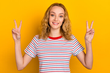 Portrait of cute sweet nice lady she give v-sign make hollywood white smile stand isolated on bright color background