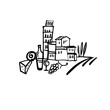 © Sergey - Symbols of Italy. Wine, cheese, grapes, ancient architecture. Italian landscape. A hand-drawn sketch. A design element for postcards, prints, stickers, social media, etc. Vector doodle illustration