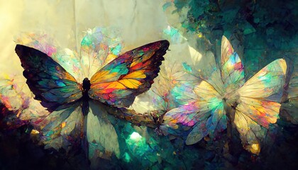 large stunningly beautiful fairy wings Fantasy abstract paint colorful butterfly sits on garden.The insect casts a shadow on nature.The insect has many geometric angles.