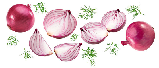 Wall Mural - flying red sliced onion with green leaves isolated on white background. clipping path