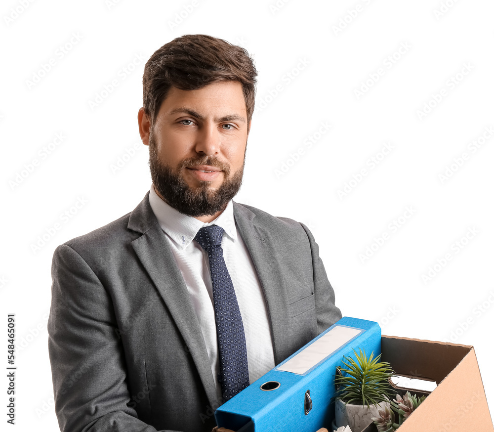 Fired young man holding box with personal stuff on white background