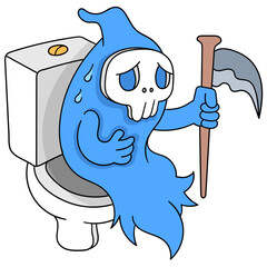 Poster - Vector illustration of an evil cartoon character sitting on the toilet isolated on white background