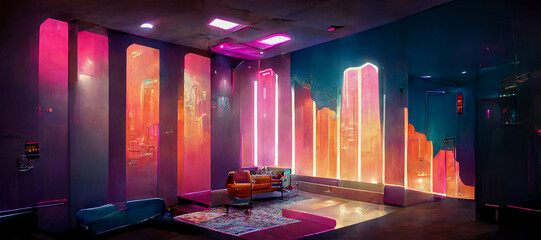 Cyberpunk luxurious hotel wellness area with futuristic indoor pool area and eastern inspired furniture in optimistic futuristic neon colors.. Synthwave styled interior in pink orange purple tones