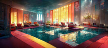 Cyberpunk Luxurious Hotel Wellness Area With Futuristic Indoor Pool Area And Eastern Inspired Furniture In Optimistic Futuristic Neon Colors.. Synthwave Styled Interior In Pink Orange Purple Tones