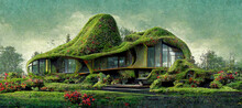 Futuristic Glass House Covered With Moss, Grass And Flowers. Architectural And Nature Concept