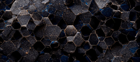 Wall Mural - Seamless texture of an organic, black with grey, blue, golden dots, curves and abstract lines, manhattan voronoi seamless pattern, tile background.