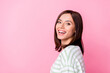Leinwandbild Motiv Photo of nice lovely pretty gorgeous girl with bob hairstyle wear striped t-shirt dentistry clinic ad isolated on pink color background