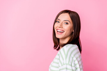 Wall Mural - Photo of nice lovely pretty gorgeous girl with bob hairstyle wear striped t-shirt dentistry clinic ad isolated on pink color background