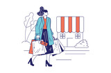 Fototapeta Boho - People shopping concept in flat line design for web banner. Woman making purchases and walking with shopping bags street near store, modern people scene. Illustration in outline graphic style