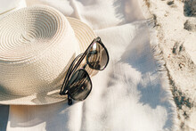 Straw Beach Hat With Brim For Sun Protection With Glasses.
