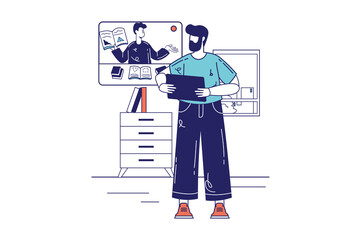 Wall Mural - distance learning concept in flat line design for web banner. man watching video lecture with teache