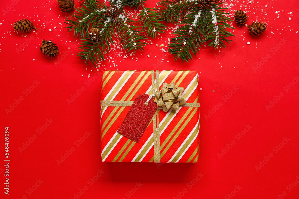Composition with Christmas gift, fir branches and cones on red background