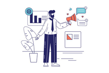 Marketing concept in flat line design for web banner. Man with loudspeaker promotes business, attracts customers on social networks, modern people scene. Illustration in outline graphic style