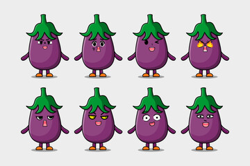 Wall Mural - Set kawaii Eggplant cartoon character with different expressions cartoon face vector illustrations