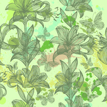 Lilies And Butterflies Green Graphic Background. Vector Illustration