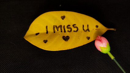 The word i miss you on dry leaves
