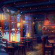 Christmas cozy atmosphere in an animated wooden coffee shop where a warm refreshing drink is served. New Year's decorated ambience and falling snowflakes. 3D Illustration background.