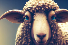 Cute Illustration Of A Sheep Yet To Be Sheared With Full Coat Of Wool. Close-up With Focus On The Face With Bright Blue Eyes. Isolated