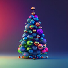 Wall Mural - Futuristic cyber Christmas tree with colorful ornaments and shining star on top. 3D Illustration Winter concept. Urban neon lights on dark background. New Year from the future.