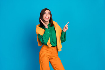 Wall Mural - photo of overjoyed pretty lady wear trendy outfit arm direct empty space tell hurry up black friday 