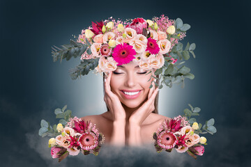 Wall Mural - creative pop art collage of happy lady nature princess touch silky pure skin face after flowers vita