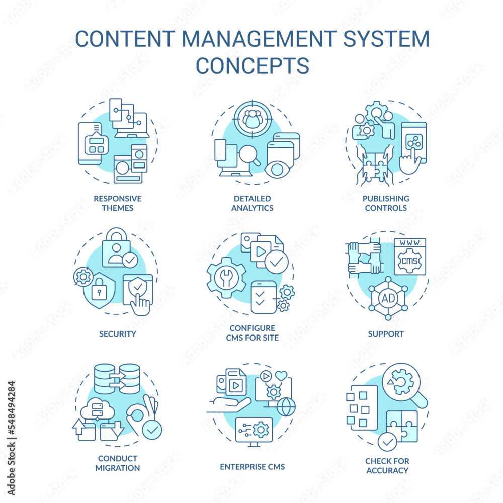 Content management system turquoise concept icons set. CMS aspects ...