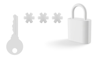 White 3d lock with key and password stars on white background