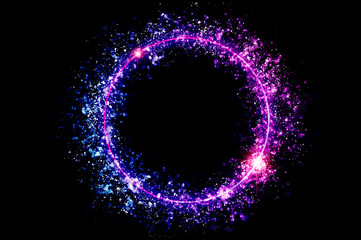Wall Mural - The circular frame is a neon light surrounded by sparkling stars.