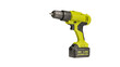 © LAYHONG - The yellow cordless battery powered drill isolated on white background with clipping path. Yellow drill. Electric device for the home repair. Household instrument.