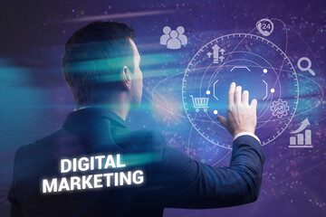 Wall Mural - Business, technology, internet and network concept. Young businessman thinks over the steps for successful growth: Digital marketing