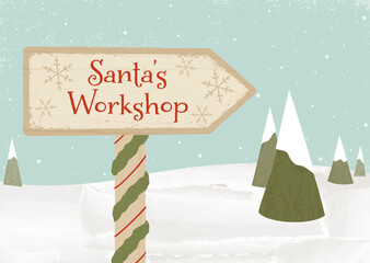 Wall Mural -  A Santa's workshop wooden sign in the snow, in a cut paper style with textures
