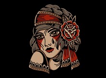 Old School Traditional Wallpapers Tattoo Inspired Cool Graphic Design Illustration Woman Portrait With Head Band For Merchandise T Shirts Stickers Label Logos Decoration 
