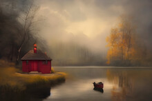  Red Wooden Cottage By The Lake, Dusk,  Tranquility