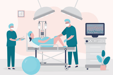 Wall Mural - Doctor performing caesarean section for pregnant woman under epidural anesthesia. Surgery, concept. Clinic room interior. Obstetrics and gynecology. Birth of child. Maternity, childhood.