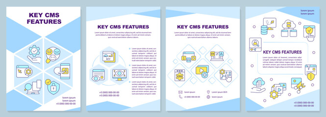 Key CMS features blue brochure template. SEO tools. Leaflet design with linear icons. Editable 4 vector layouts for presentation, annual reports. Arial-Black, Myriad Pro-Regular fonts used