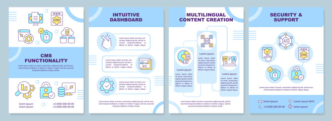 CMS functionality blue brochure template. Platform instruments. Leaflet design with linear icons. Editable 4 vector layouts for presentation, annual reports. Arial-Black, Myriad Pro-Regular fonts used