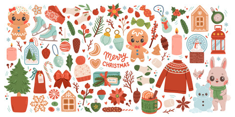 Christmas big set of elements with cookies, houses, presents, sweater, fur tree, wreaths. Stickers set. Hand drawn style